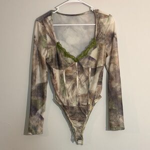 Coquette fairy bodysuit Multicolor Long Sleeve Bodysuit green brown lace trim